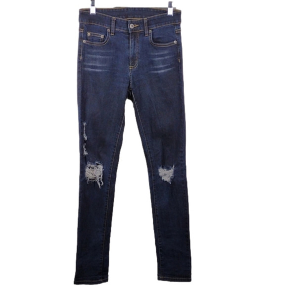 Carmar Blue Dark Wash Five Pocket Mid Rise Ripped Distressed Skinny Jeans - Picture 1 of 12